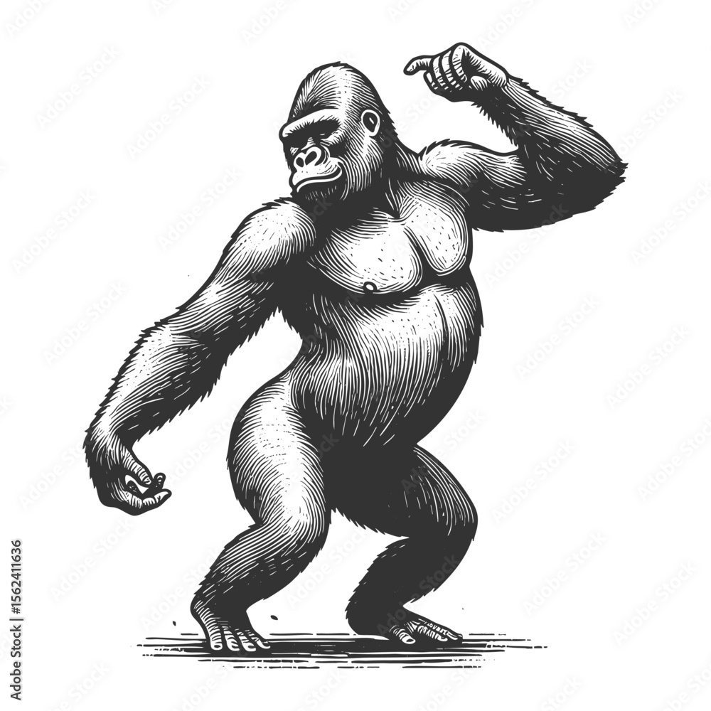 Poster gorilla dancing sketch engraving generative ai fictional character vector illustration. scratch boar