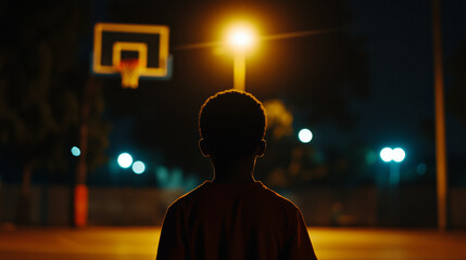 Young black boy on the basketball court at night