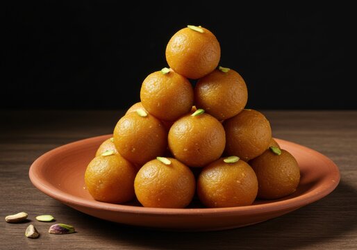 A pyramid of golden besan laddu sweets on a terracotta plate with pistachio garnish