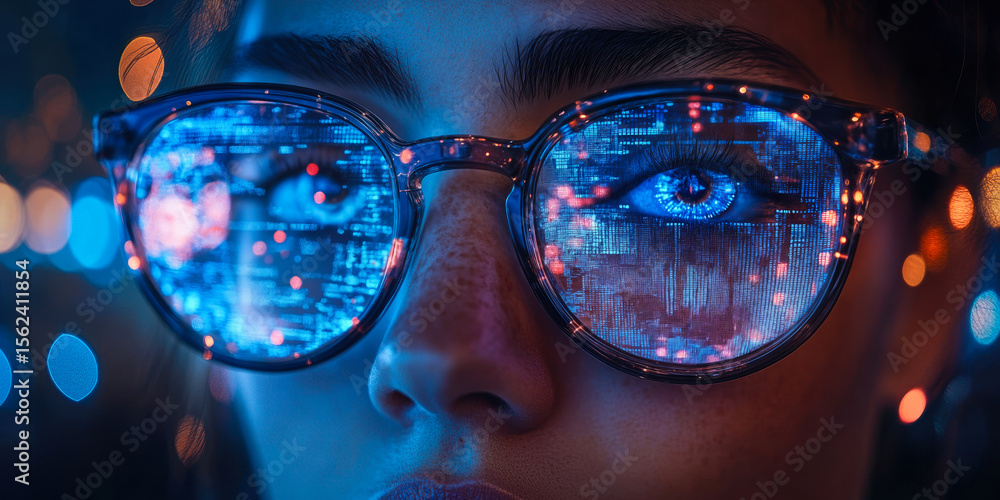 Poster closeup of person wearing transparent glasses with futuristic blue digital circuit interface reflect
