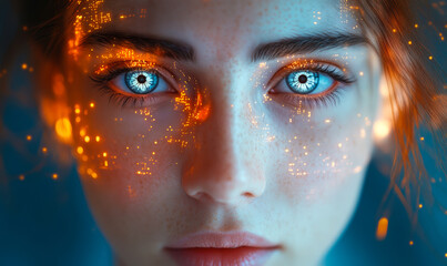 Closeup of woman with blue eyes illuminated by glowing orange digital holographic facial interface and data visualization