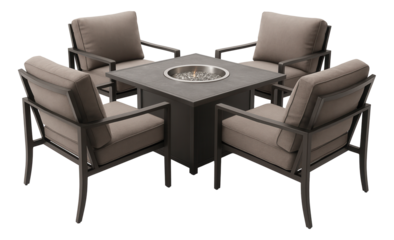 Sturdy steel-framed set with a fire pit table and cushioned armchairs, perfect for evening gatherings in a backyard.