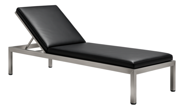 A minimalist stainless steel sun lounger with a sleek, leatherette cover, fitting for a modern apartment terrace.