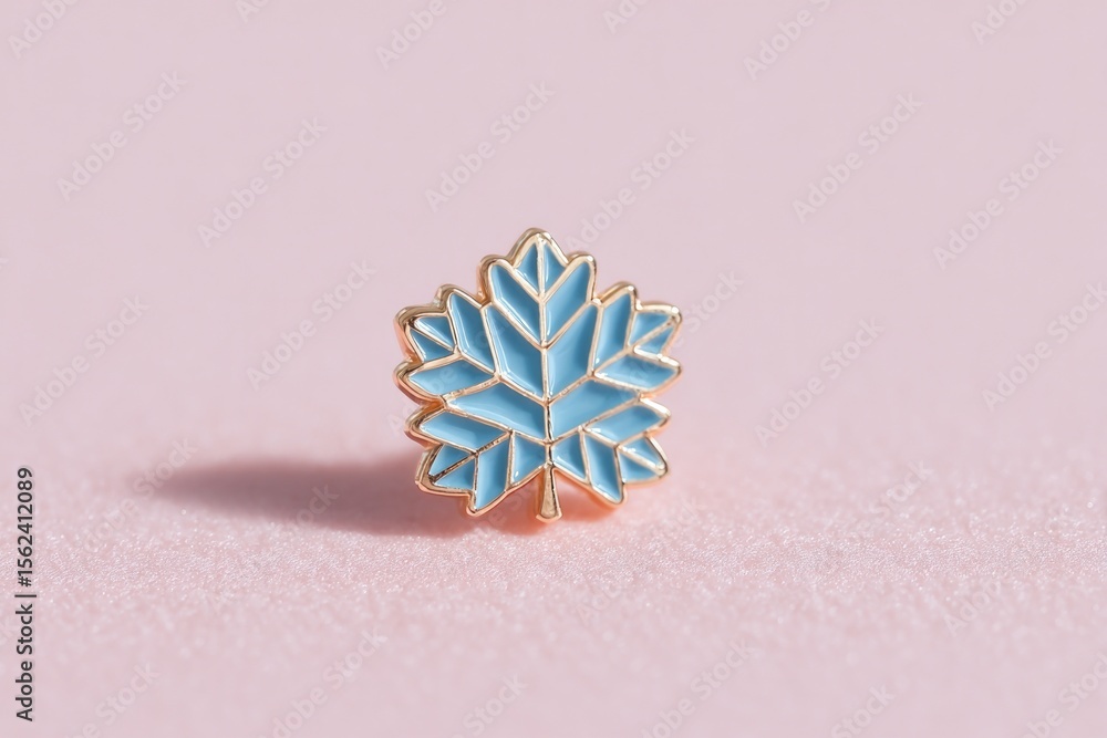 Poster flat-lay of fractal-themed enamel pin on solid pastel background with soft studio shadows