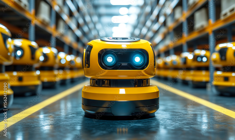 Poster yellow autonomous warehouse robot with glowing eyes operating in large industrial shelving facility 