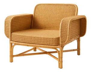 Woven armchair with an oversized seat and armrests crafted from bamboo for a relaxing sunroom in a cottage.