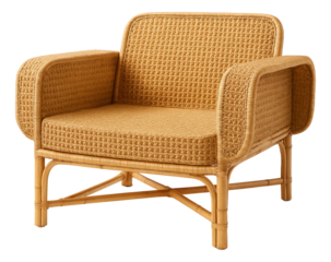 Woven armchair with an oversized seat and armrests crafted from bamboo for a relaxing sunroom in a cottage.