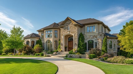 Ultra quality image of beautiful luxury home exterior on sunny day with green grass, blue sky, and backdrop of trees.