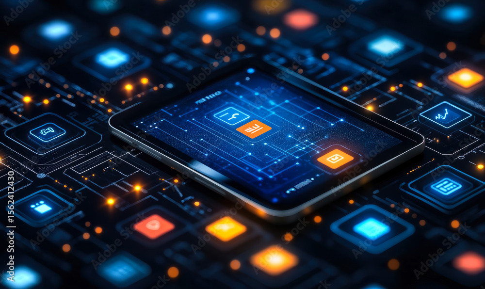 Poster digital tablet displaying social media and networking app icons connected within futuristic glowing 
