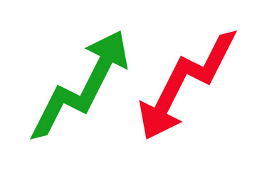 Trend or Green upward and red downward arrows representing growth decline financial trend market movement business success loss investment economics strategy direction change