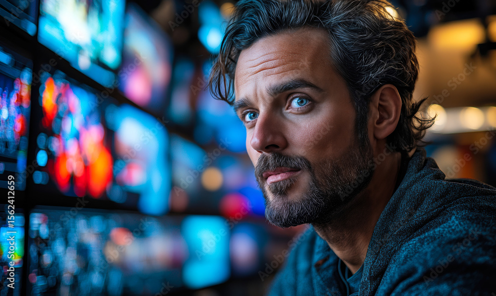 Poster focused man with beard analyzing multiple colorful digital screens in control room or tech workspace