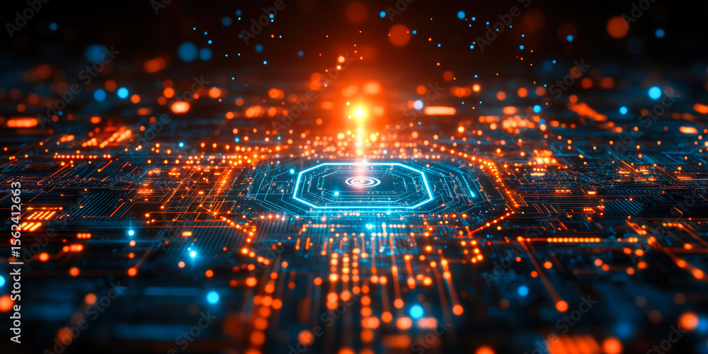 Poster futuristic digital circuit board with glowing orange and blue lights and central microchip represent