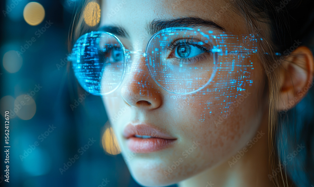 Poster close up of woman with futuristic transparent glasses displaying digital hologram interface and virt