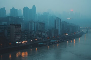 Fototapeta premium Timelapse capturing the foggy skyline and river of Chongqing during early morning hours, Chongqing timelapse