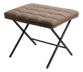 Small folding table with a fabric cover, designed for use as a bedside table in a guest room.