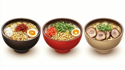 Three ramen bowls, studio shot, food photography, menu use
