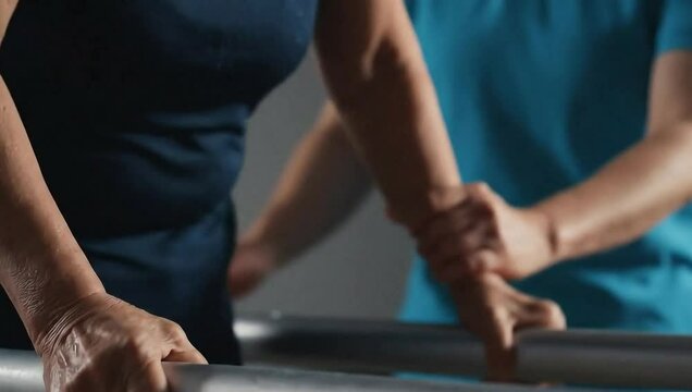 Determined elderly Asian woman in physical therapy, learning to walk again on parallel bars with a therapist's support. Senior recovery and rehabilitation concept.