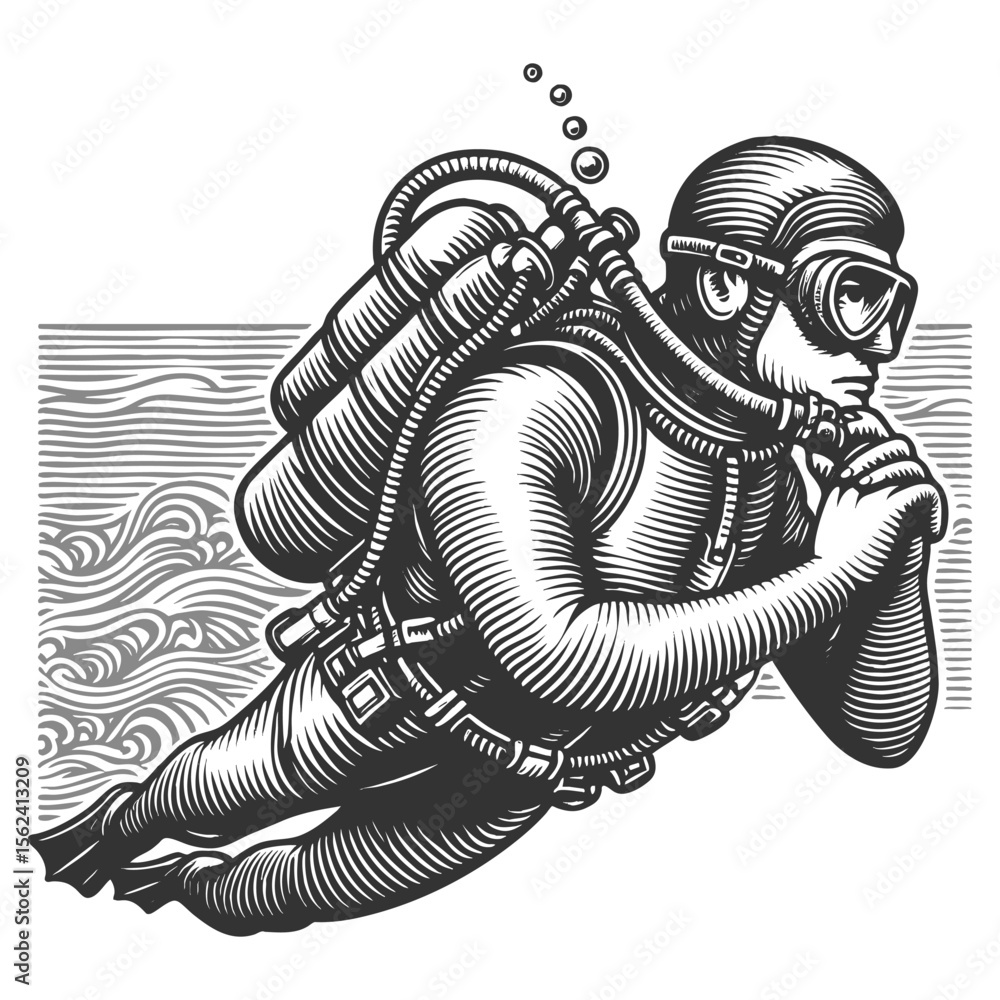 Poster scuba diver exploring underwater sketch engraving generative ai fictional character vector illustrat