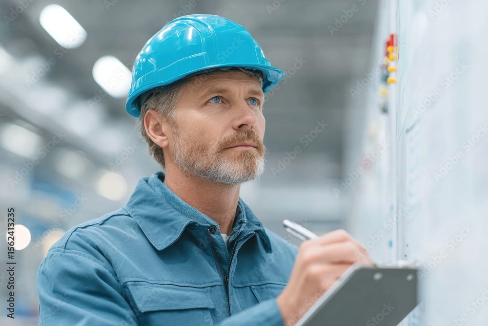 Poster portrait of process engineer writing workflow analysis notes on whiteboard inside production control