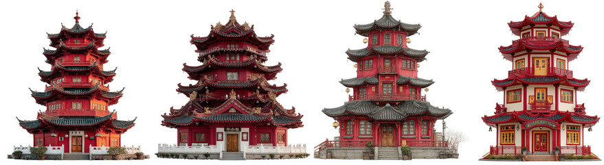 Naklejka premium Four traditional red chinese pagodas isolated on transparent background, showcasing ornate architecture and cultural heritage