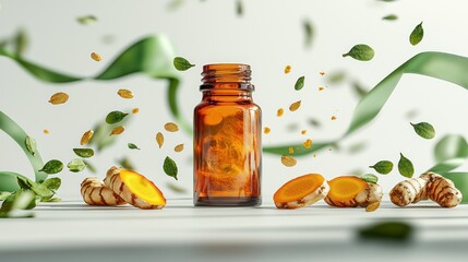 Turmeric oil bottle, leaves, studio