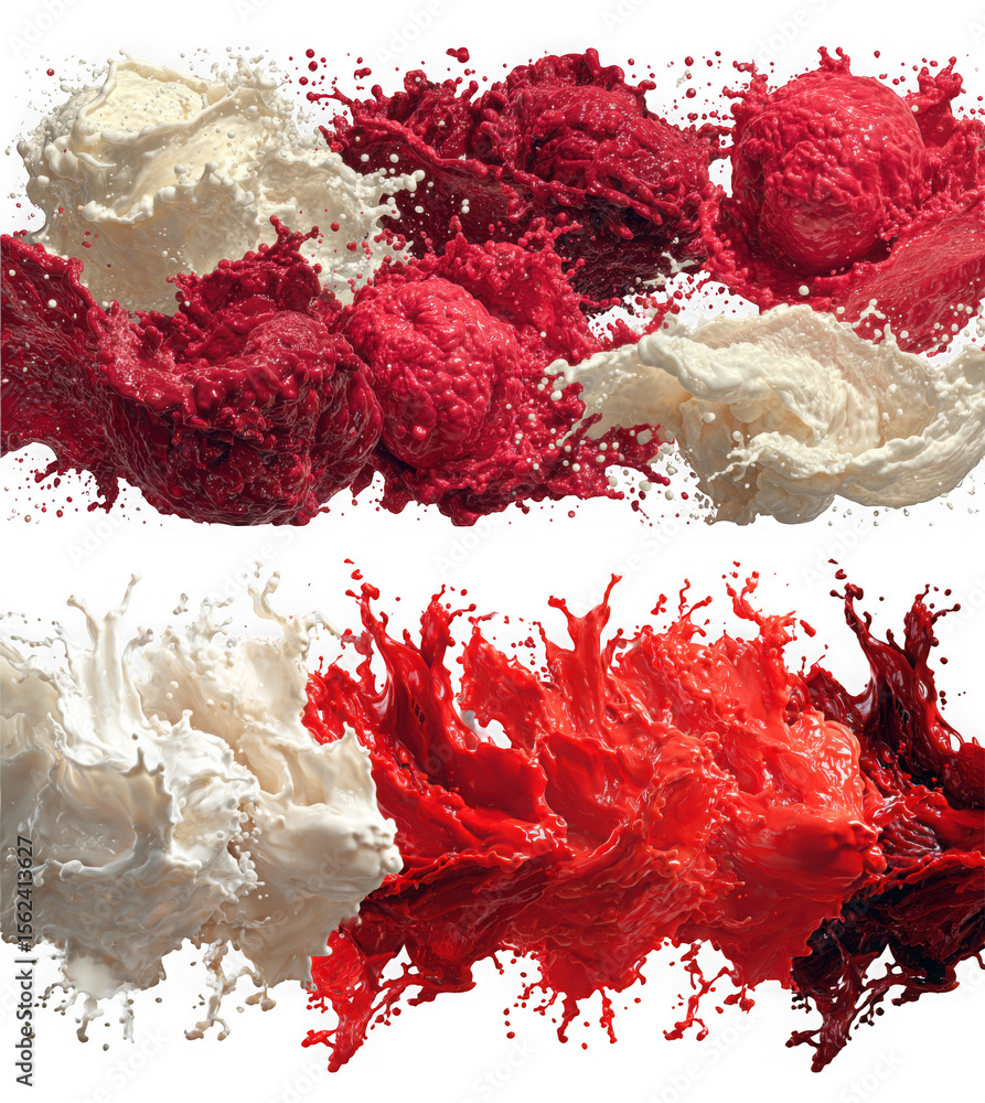 Poster two dynamic splashes of red and white cream liquids, isolated on transparent background, creating a 