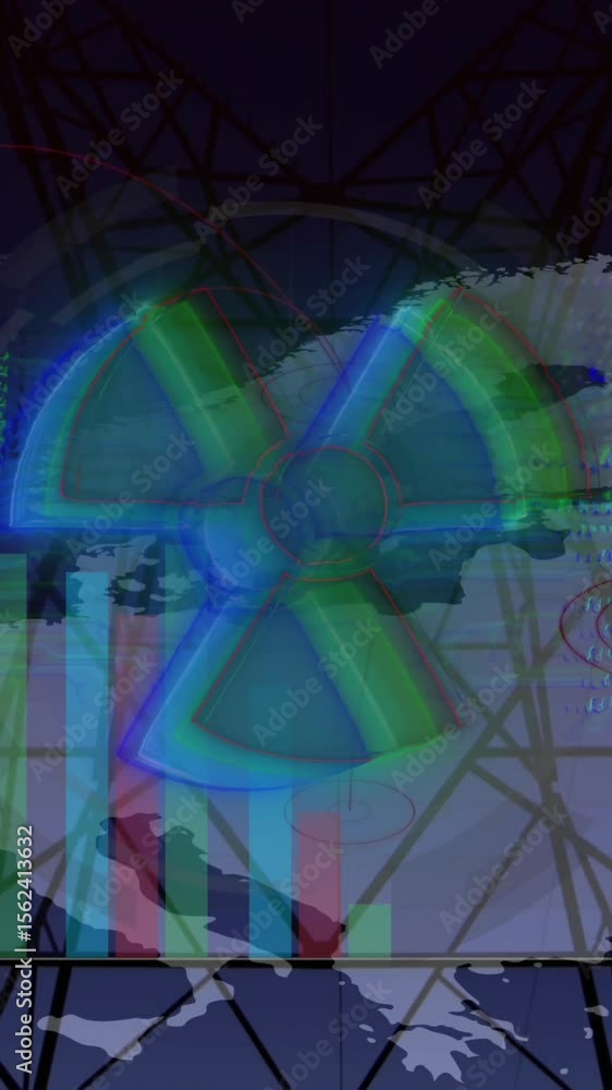 Poster animation of nuclear symbol over data processing and pylon