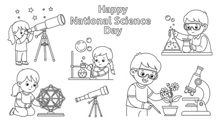 Happy national science day with children exploring science and astronomy isolated on transparent background