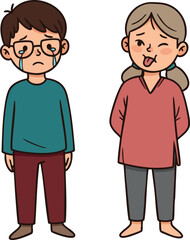 Sad crying boy and playful girl children vector illustration with emotional expressions 