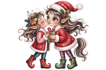 little girl in santa claus hat with gifts