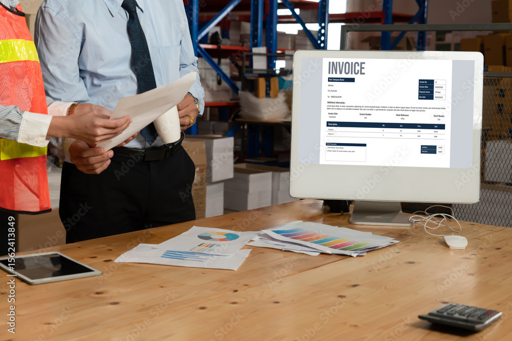 Poster invoice on computer screen from accounting application. computer program for financial and budget of