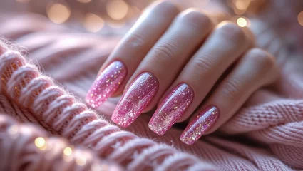 Wanddecoratie Nagelstudio Pink glitter nails on knitted fabric manicure fashion  © looks it