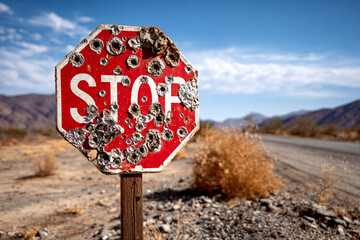 Bullet-Riddled Stop Sign in the Desert