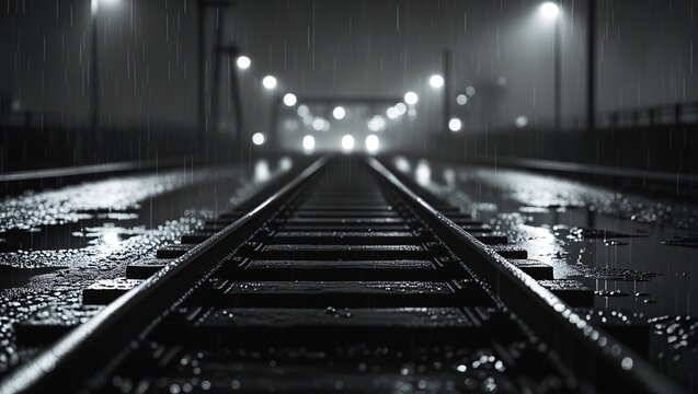 Rainy night railway tracks with distant lights image