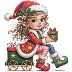 little girl in santa claus hat with gifts