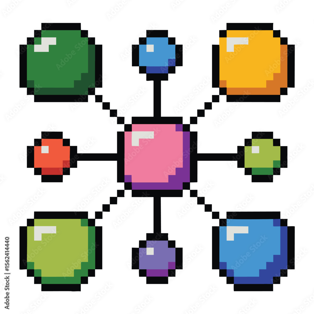 Poster pixel art network diagram with a central pink node and surrounding colored nodes