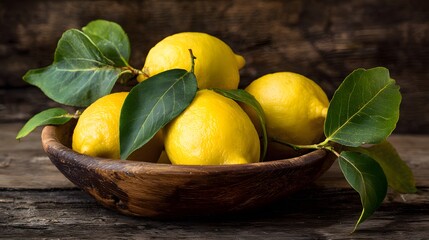 Still life of lemons with leaves in a wooden bowl on a rustic wooden surface top
