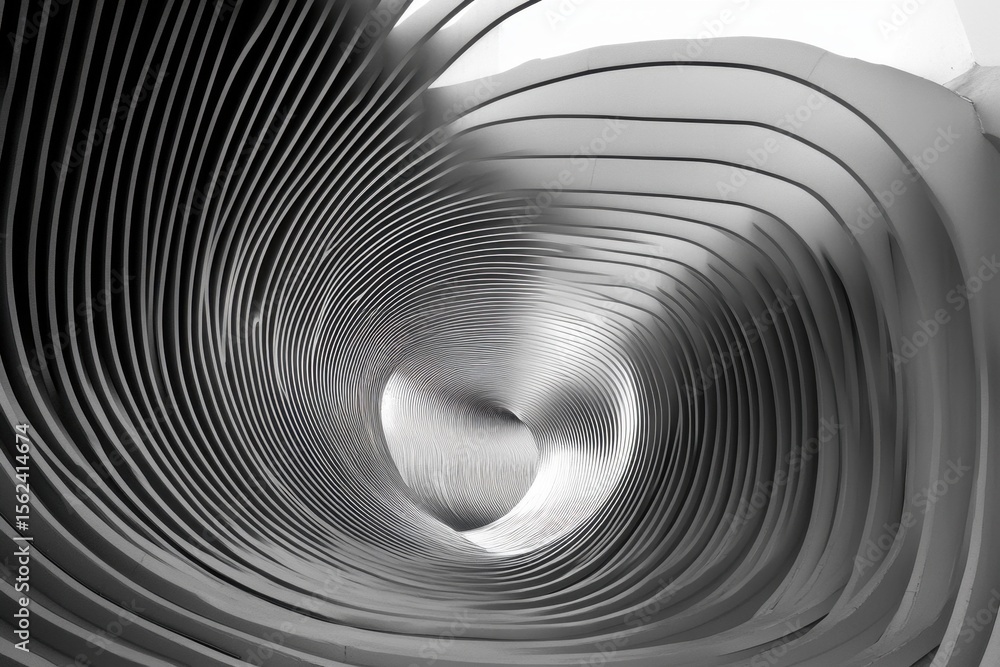 Poster curved black and white lines creating an abstract visual depth in a fluid composition, black and whi