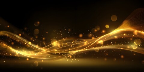 Golden light wave abstract background with glowing sparkles on dark backdrop

