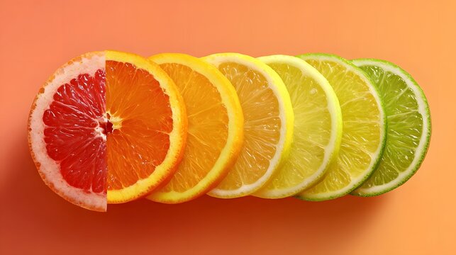 Slices of citrus fruits arranged in a row showcasing a spectrum of vibrant colors