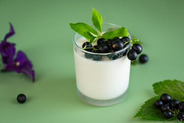 Summer dessert of blackcurrant and yogurt in a transparent bowl