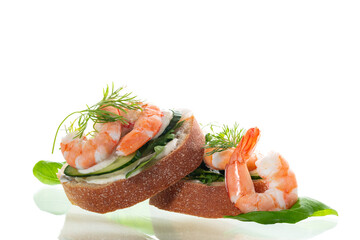 fitness sandwich with seafood on white background