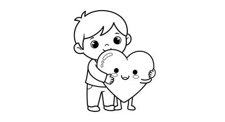 Obraz premium Cute cartoon boy hugging a happy heart isolated on transparent background