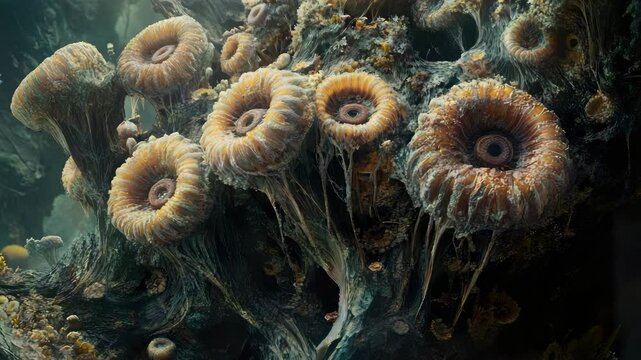 A large group of sea anemonia in an aquarium