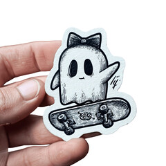 Cute ghost skateboarding with bow isolated on transparent background