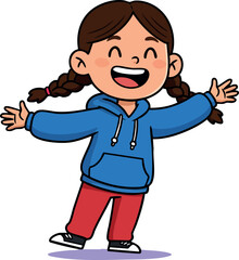Fototapeta premium Happy little girl smiling with arms open wearing blue hoodie and red pants vector illustration 
