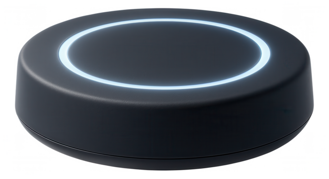 Tabletop smart hub with a circular LED interface, used for syncing multiple devices in a tech-savvy city loft.