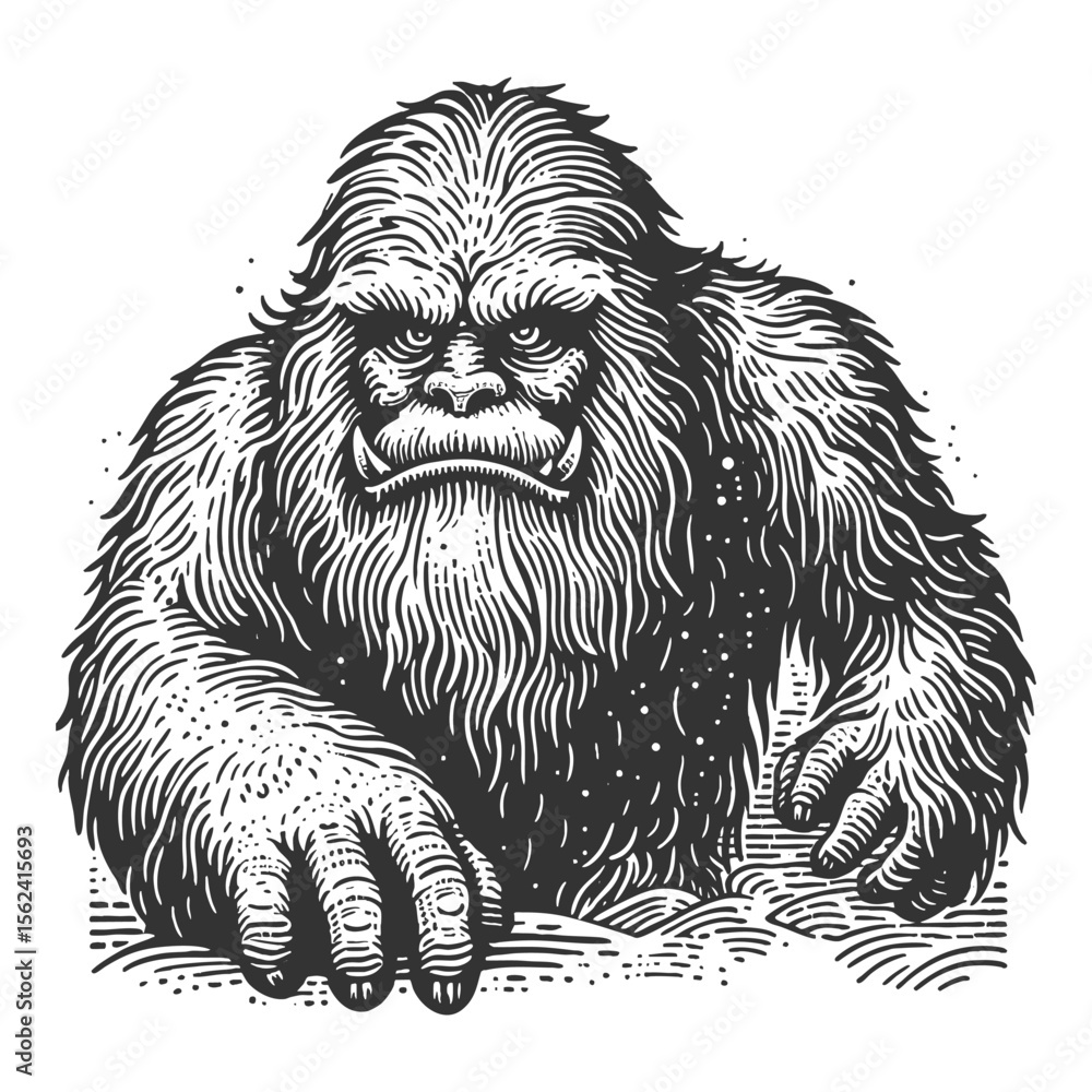 Poster furious yeti crawling from snow sketch engraving generative ai fictional character vector illustrati