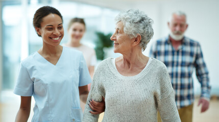 A nurse supports an elderly woman as she walks in a rehabilitation center, surrounded by cheerful staff and a warm atmosphere