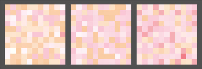 Abstract pale pink color blur pixelated background. Trendy mosaic censor vector texture. Blurred pixel abstract bg in peach beige tone. Censor pixel effect. Set of 3 square vector seamless pattern